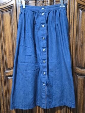 Vtg 100% Cotton Button-Front A-Line Midi Skirt - with Pockets!